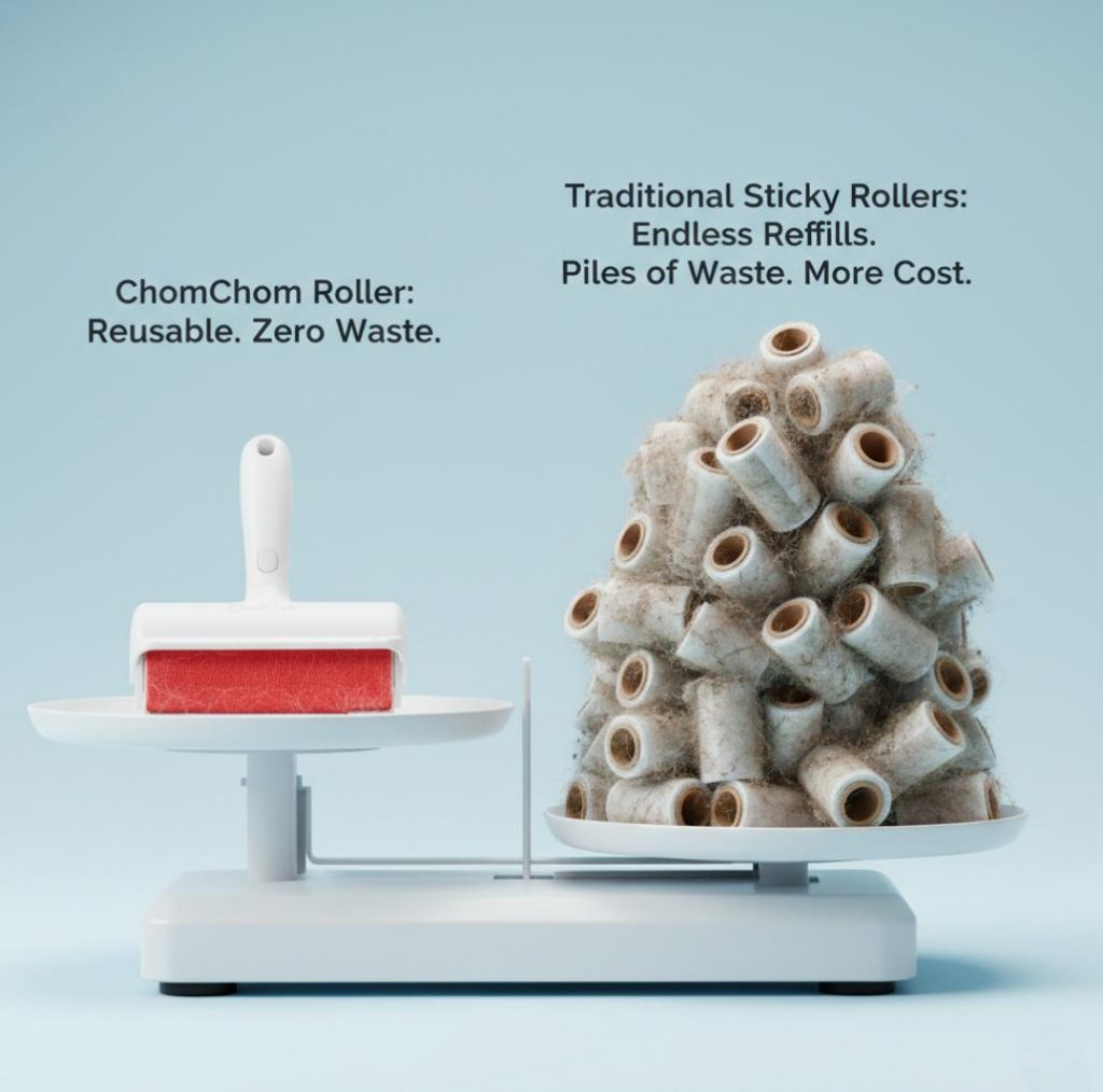 A 3D render infographic showing a single ChomChom Roller on a balance scale weighing equally against a massive mountain of discarded sticky roller refill rolls, highlighting eco-friendly reusability.