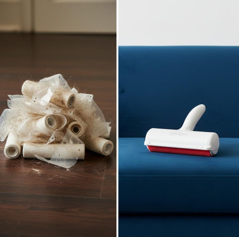A split-screen comparison showing a messy pile of used, dirty adhesive lint sheets on the left, and a clean, white ChomChom Roller resting on a navy blue velvet sofa on the right.