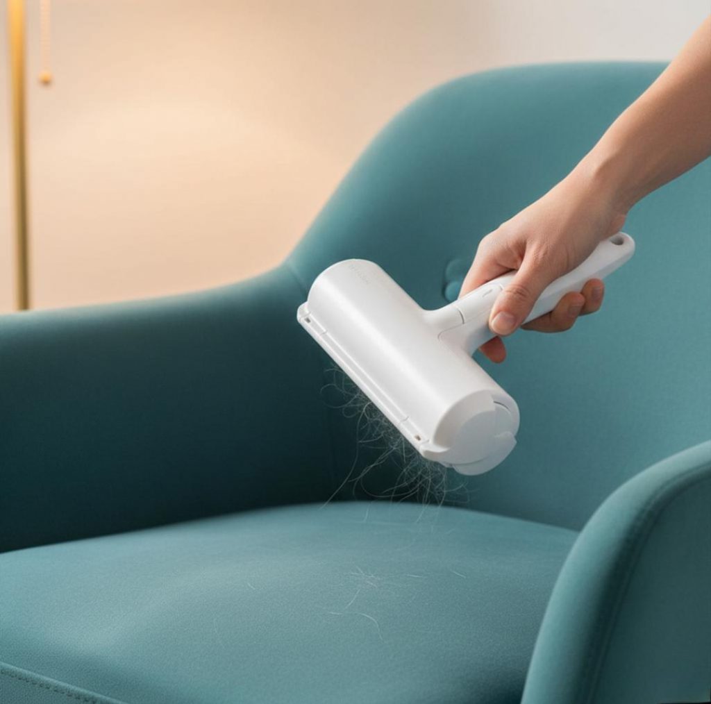 A person's hand holds a white lint roller and cleans a turquoise upholstered chair from pet hair and dust.