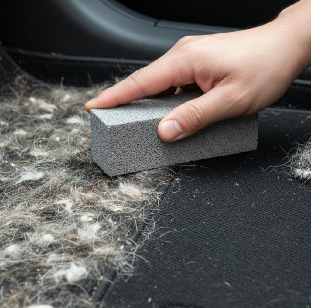 A close-up of the detailing process: a hand uses a porous stone (pumice) to comb out stubborn hair from a black car mat.
