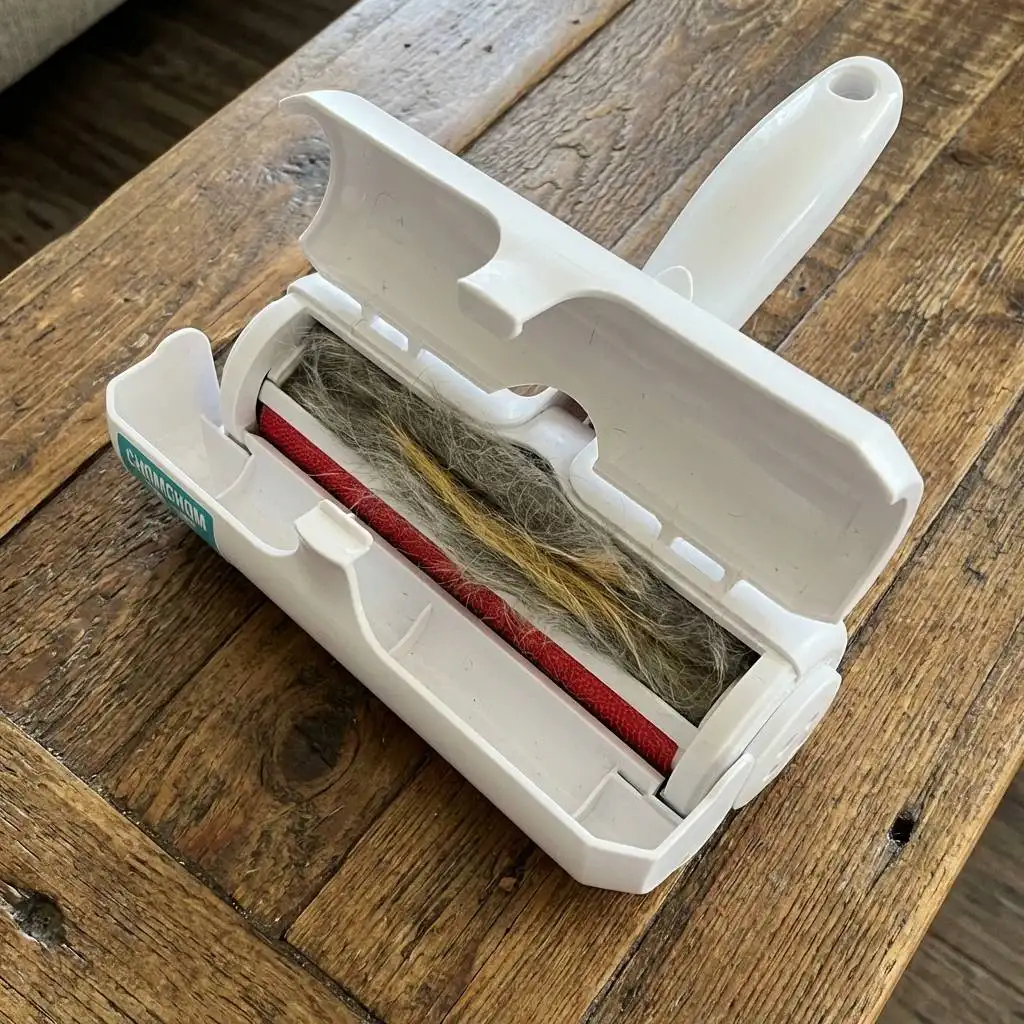 Open ChomChom Roller pet hair remover on a wooden table with its waste compartment revealing a dense bundle of grey and golden fur.