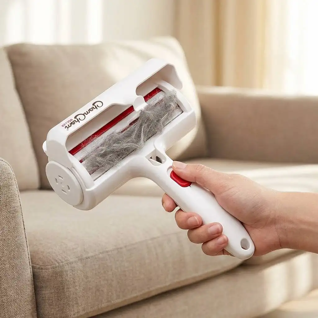 Hand correctly gripping the lower part of a white ergonomic handle away from the release button in a living room setting. Hand correctly gripping the lower part of a white ergonomic handle away from the release button in a living room setting.