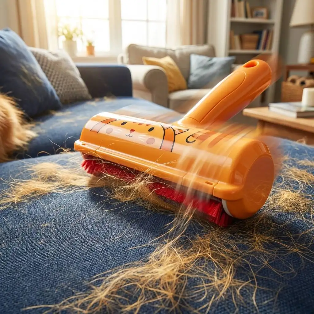 A glossy white pet hair remover tool rapidly cleans golden dog fur from a textured navy blue sofa cushion. A glossy white pet hair remover tool rapidly cleans golden dog fur from a textured navy blue sofa cushion.