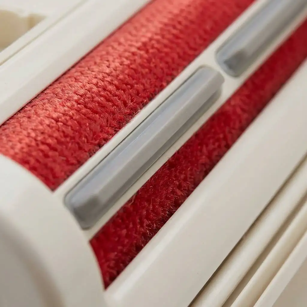 Macro detail of a roller mechanism featuring textured red velvet strips and a central grey rubber squeegee blade. Macro detail of a roller mechanism featuring textured red velvet strips and a central grey rubber squeegee blade.
