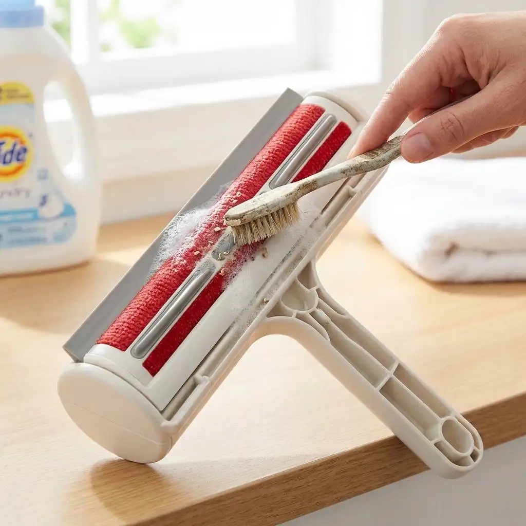 Cleaning a grey rubber squeegee blade between red velvet strips using a toothbrush on a bright laundry room counter.